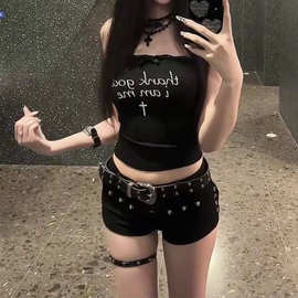 黑色牛仔裤女夏季美式高街辣妹铆钉设计感低腰超短裤显瘦a字热裤