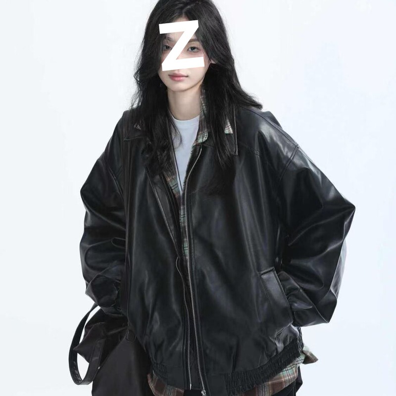 复古机车服黑色皮衣外套女春秋重磅宽松夹克上衣一件起批【厂家】|undefined