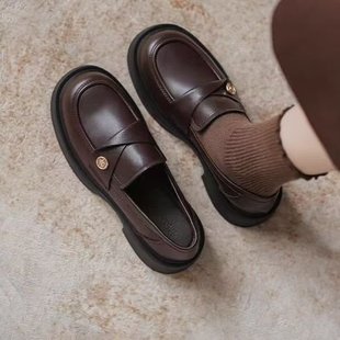 British Style Genuine Soft Leather Loafers for Women 2025 Spring and Summer Thick Heel Flats One-Leg Retro Versatile Small Leather Shoes