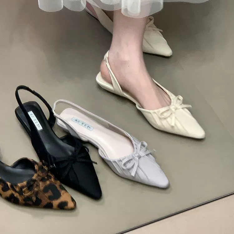 Стильные туфли на pointed toe сruffled бантами, сандалии для женщин, лето 2025, корейский стиль, клин, с эластичной лентой сзади, модная обувь