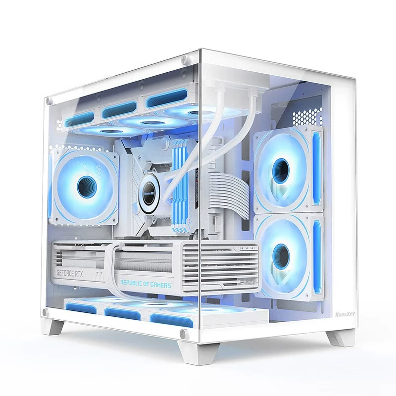 Корпус компьютера Huntkey S960 Panorama Edition, закалённое стекло, Micro-ATX/Mini-ITX, чёрный/белый