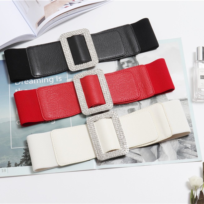 Moda todo partido flash diamante plata hebilla cuadrada cintura elástica pu cuero corsé cinturón con vestido ancho cintura sello de una sola pieza entrega