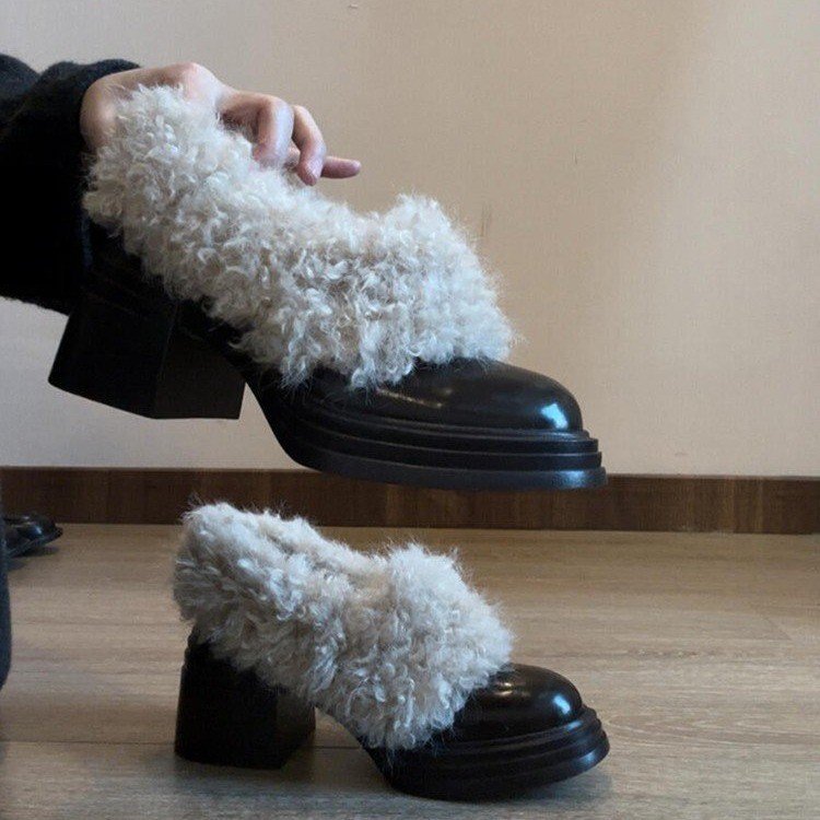 黑色粗跟小皮鞋女2025新款秋冬加绒保暖毛毛鞋玛丽珍一脚蹬高跟鞋