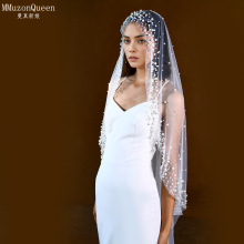 曼真加密钉珠新娘头纱单层大教堂无发梳遮面纱婚礼主婚纱配饰M142