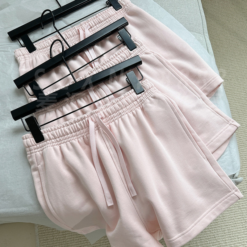 French-Style Age-Reducing Pink Textured Summer Animal Embroidery Tight Terry Basic Elastic Waist Sweatpants Shorts for Women