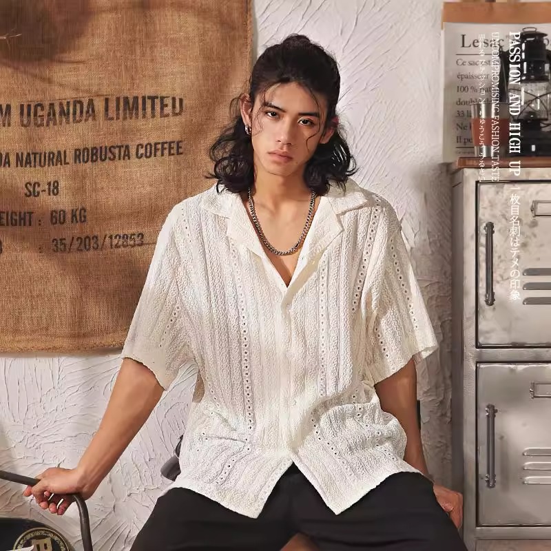 High-End Cut Out Cuban Collar Short-Sleeved Shirt for Men 2025 Summer New Loose Casual Retro Half-Sleeved Shirt for Men