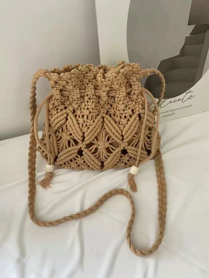 Women's Crossbody Woven Bag - New Fashion Niche Design Hollow-Out Bucket Bag, Beach Vacation Style - Thumbnail 6