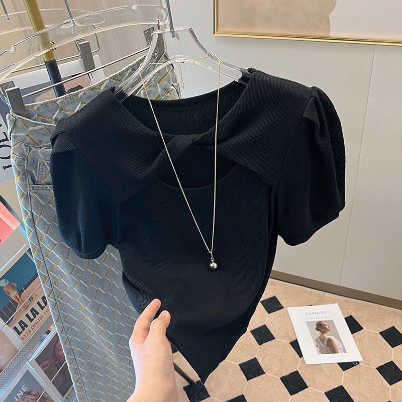 High-end European Station Green Short-sleeved T-shirt Women's Summer Korean-style New Design Sense Niche Puff Sleeve Top High-end European Station Green Short-sleeved T-shirt Women's Summer Korean-style New Design Sense Niche Puff Sleeve Top