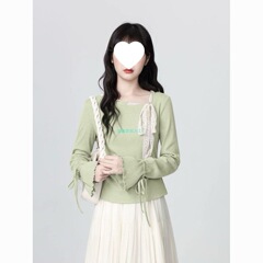黄色蝴蝶结系带长袖T恤女2025春秋季新款喇叭袖斜领收腰短款上衣
