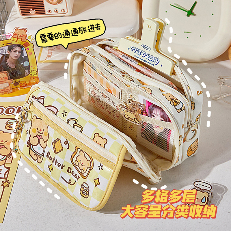 Bolsas de bolsillo de gran capacidad de oso cuadrado diy bolsas de dolor transparentes multicapa de alta calidad de papelero de niñas caja de lápiz de estudiantes