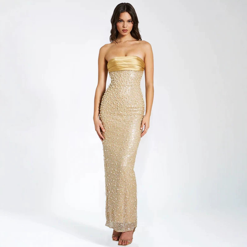 Cross-border exclusive women's one-shoulder sleeveless sequin bodycon dress, slimming banquet toast dress, long gown