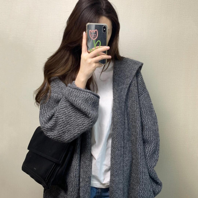 灰色中长款连帽毛衣外套女早秋季韩系气质宽松慵懒松弛感针织开衫|undefined