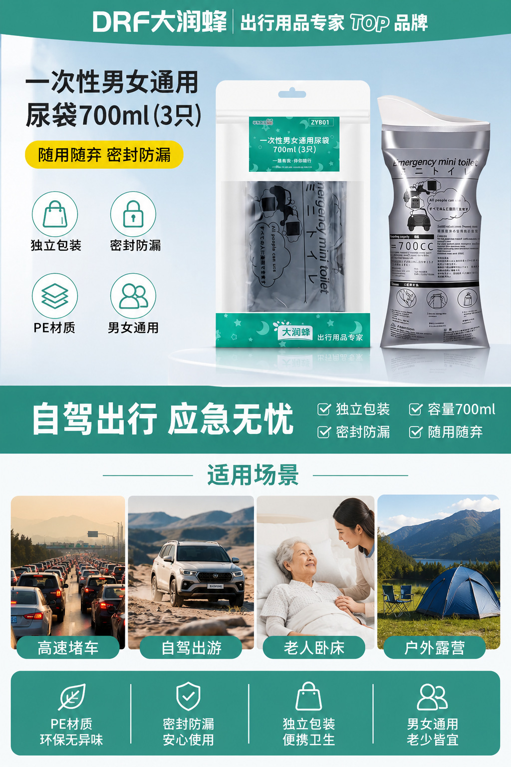 Disposable emergency urine bags for both men and women, 700ml, leak-proof, anti-vomiting bags for highway traffic jams, 3-pack wholesale