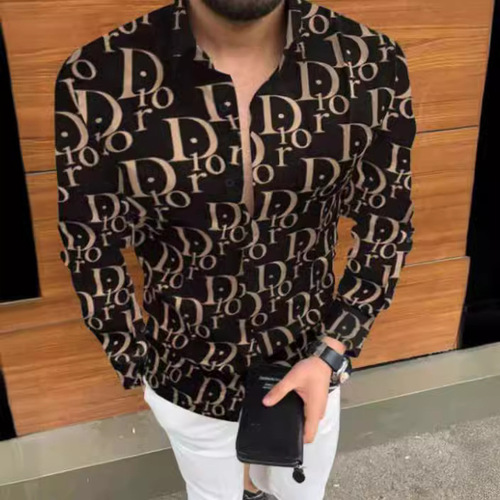 Cross-border Wish eBay Bestselling Collared 3D Printed Casual Fitted Long-Sleeve Shirt in Multiple Colors for Men