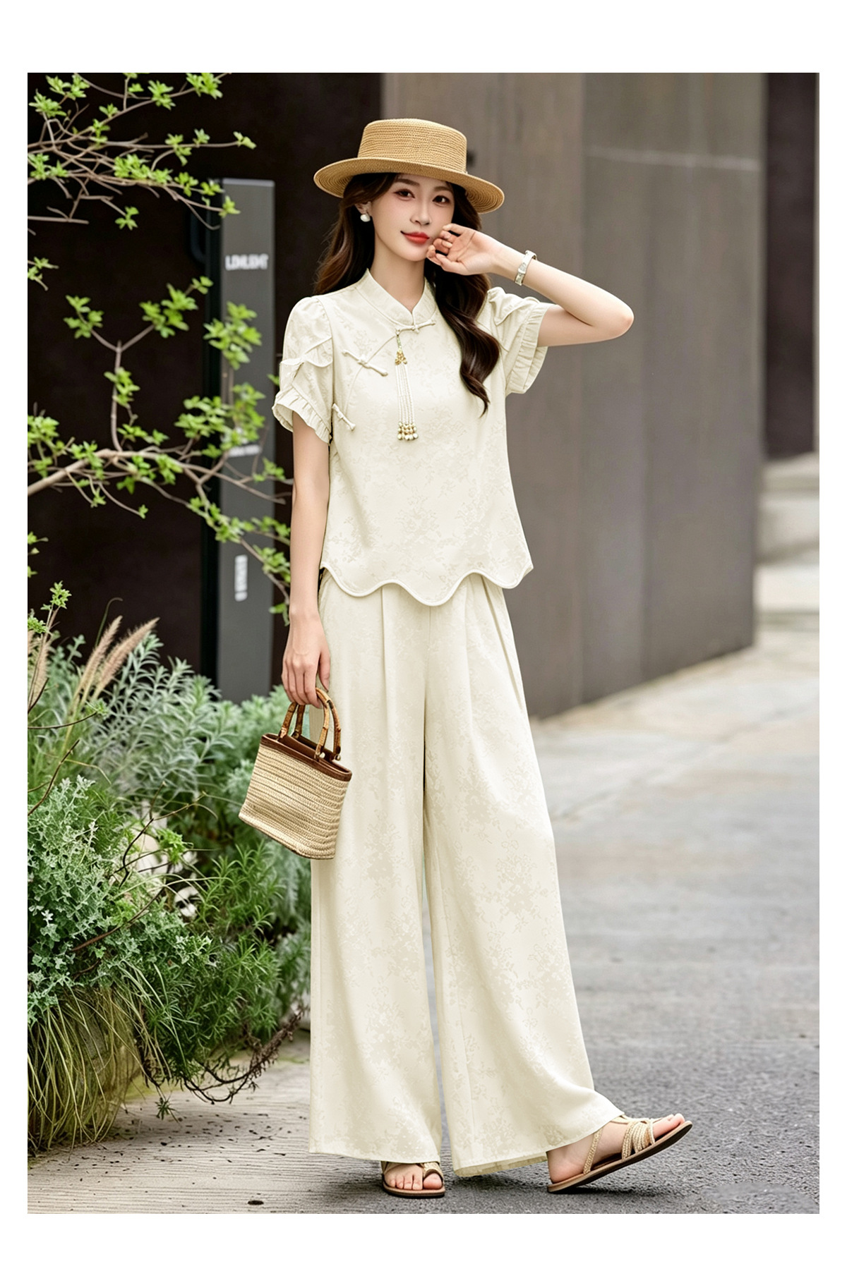 Bộ áo sơ mi họa tiết jacquard kết hợp quần ống rộng cạp thun hai mảnh thời trang — Vàng kem, xanh lá cây chi tiết 21