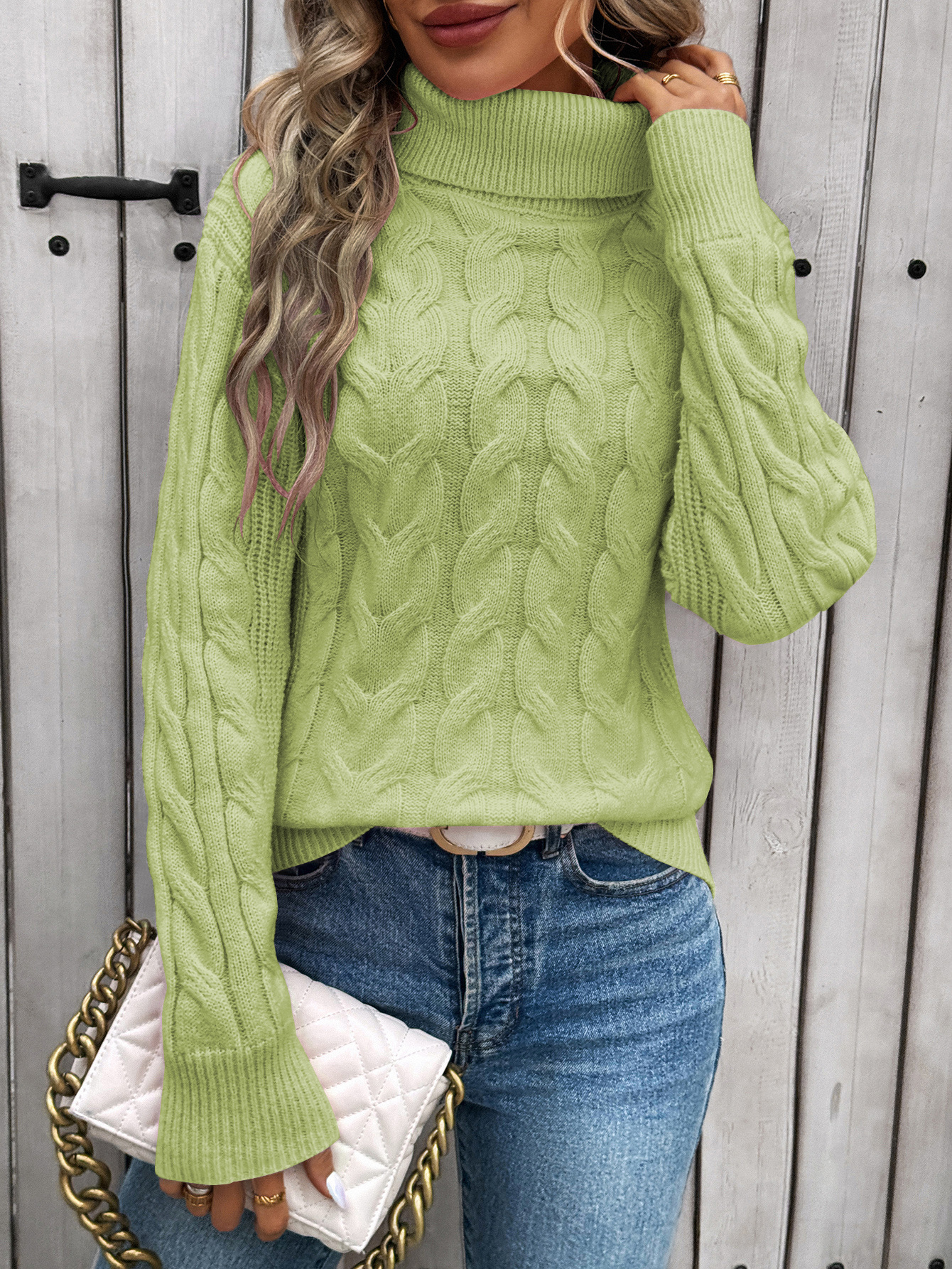 Suéter de punto trenzado de color sólido para mujer, estilo europeo y americano, otoño/invierno, cuello alto, manga larga, grueso, hecho a medida.