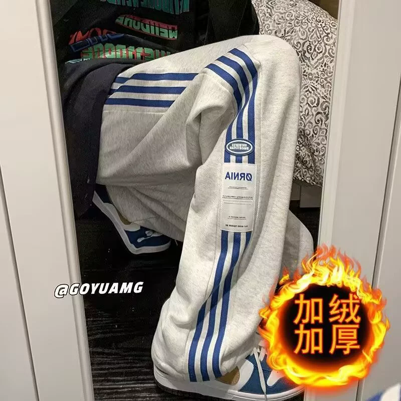 Американские высокие уличные брюки мужские зимние спортивные брюки молодежные свободные прямые повседневные брюки с бархатной полосой