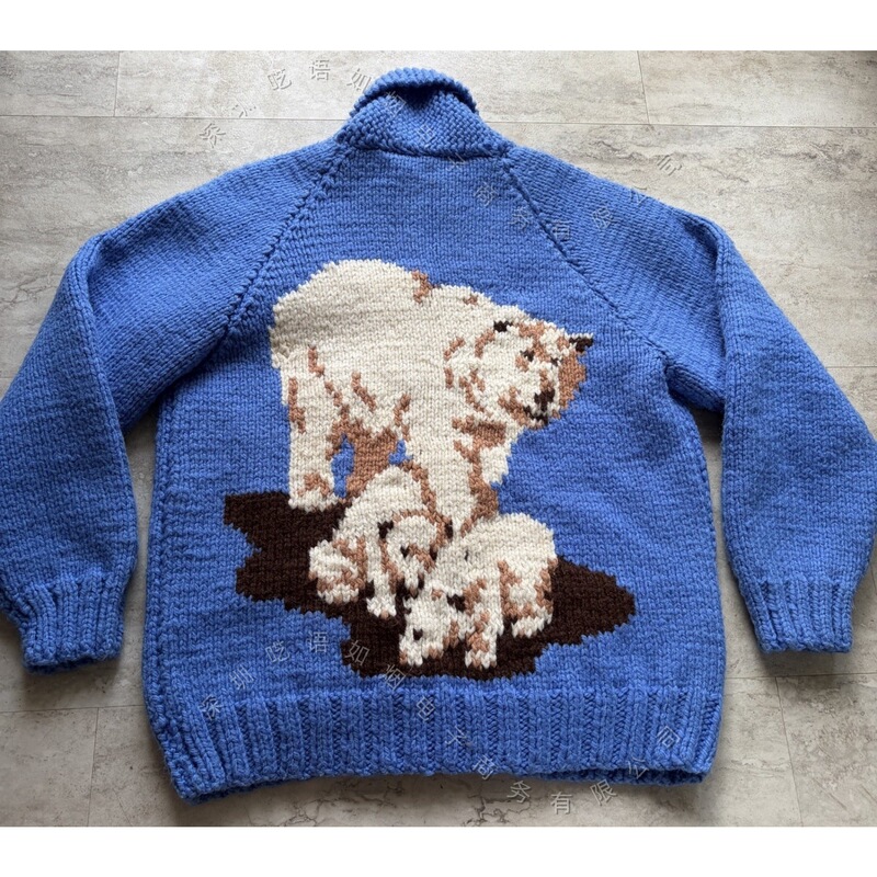 Y2K retro polar bear chunky knit sweater for women, stand-up collar, zippered, thickened, jacquard knitted cardigan, loose and casual coat Y2K retro polar bear chunky knit sweater for women, stand-up collar, zippered, thickened, jacquard knitted cardigan, loose and casual coat