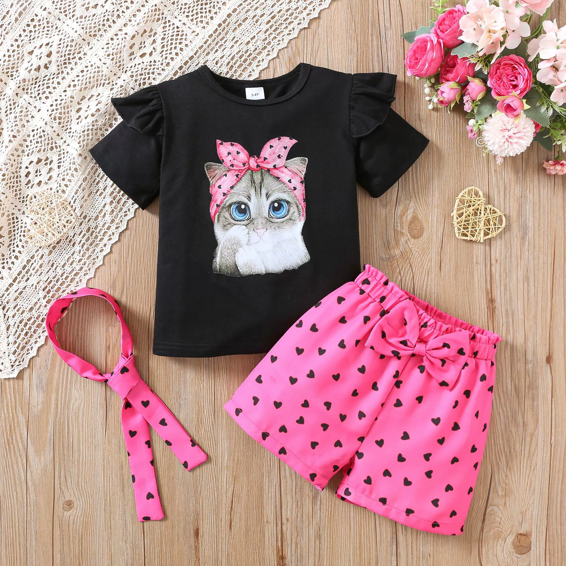 Летние cartoon-шорты, милый ободок для волос, брендовый набор, с коротким рукавом, набор из 3 предметов