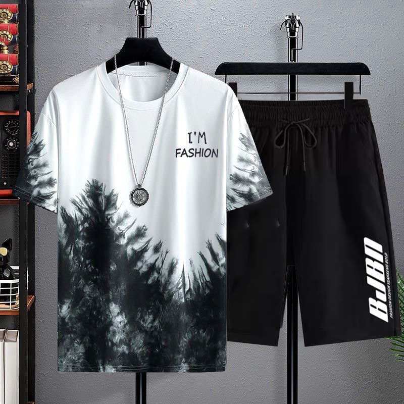 New quick-drying Ice Silk gradient suit men's short-sleeved T-shirt summer casual shorts sports two-piece handsome men's clothing