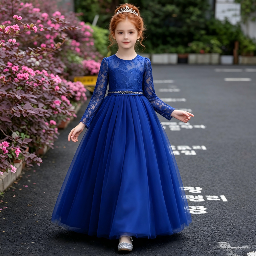 Long-sleeve, wedding dress, small princess costume, long skirt, piano performance costume, European style, for teenagers, lace dress