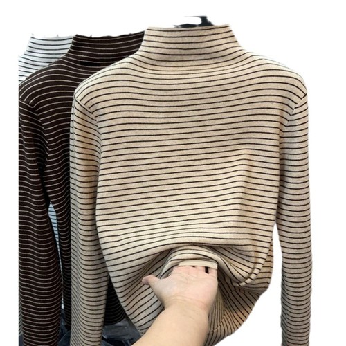 T2524# Boys' High-Neck Base Layer T-Shirt with Fleece-Lined Dermaline Fabric — Autumn/Winter Style, Older Kids' Striped Top for Layering as Innerwear