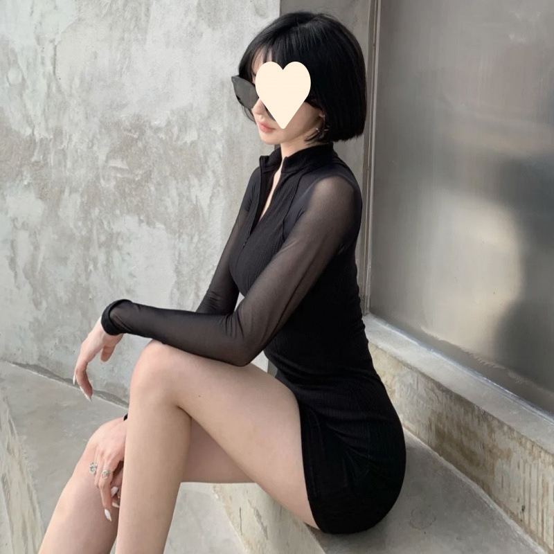 连衣裙拉链秋季新款法式气质纯欲长袖网纱拼接紧身包臀短裙子高领|undefined