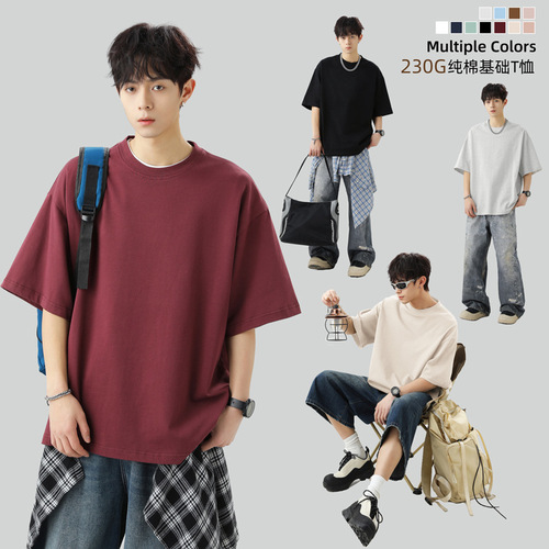 Japanese-style loose pure cotton short-sleeve T-shirt for men, 2025 summer solid color basic round neck t-shirt, couple's base layer shirt