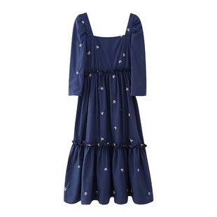 24 BB European and American style women's spring new square collar long sleeve embroidered mid-length dress cake skirt