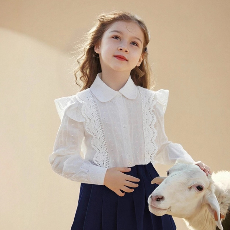 High-End Girls' Long-Sleeved Shirts, Pure Cotton Cardigans, New Spring & Fall Styles for Kidsren and Girls, White Preppy Style Tops for Middle and Older Kidsren