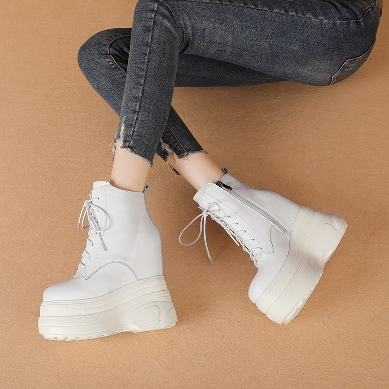 Boot nữ đế dày cao gót 16cm dây buộc chống trượt phong cách Martin — Lót nhung đen