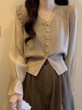 大码法式假两件v领针织开衫外套女秋季胖mm显瘦小香风喇叭袖上衣