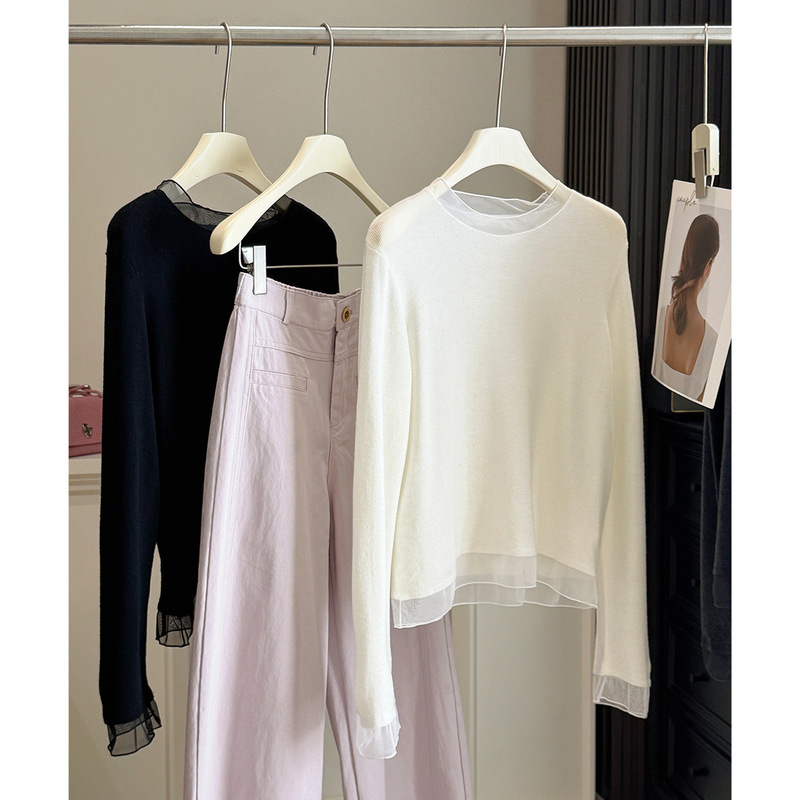 Six-Layer Wool Mesh Splicing Knitted Base Shirt for Women, New Spring Style, Thin Inner Wear, Slim Fit, Slightly See-Through, Soft and Smooth Long-Sleeve Top Six-Layer Wool Mesh Splicing Knitted Base Shirt for Women, New Spring Style, Thin Inner Wear, Slim Fit, Slightly See-Through, Soft and Smooth Long-Sleeve Top