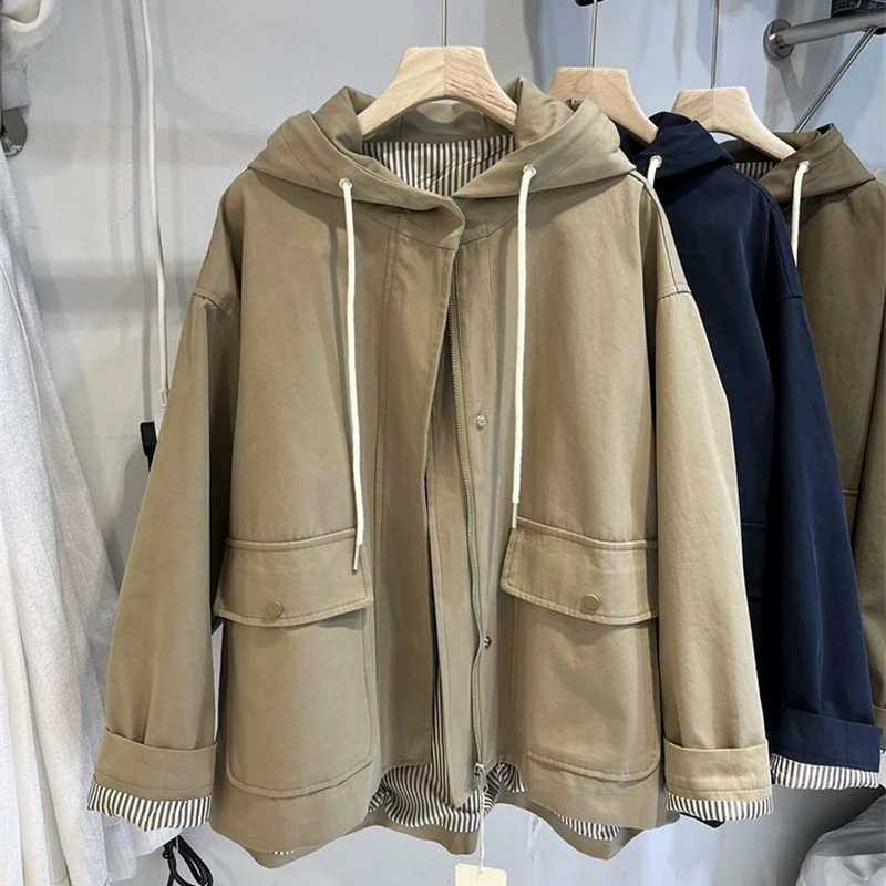 Хаки кофта с капюшоном, trench coat, осенний жакет, французский стиль, для подростков