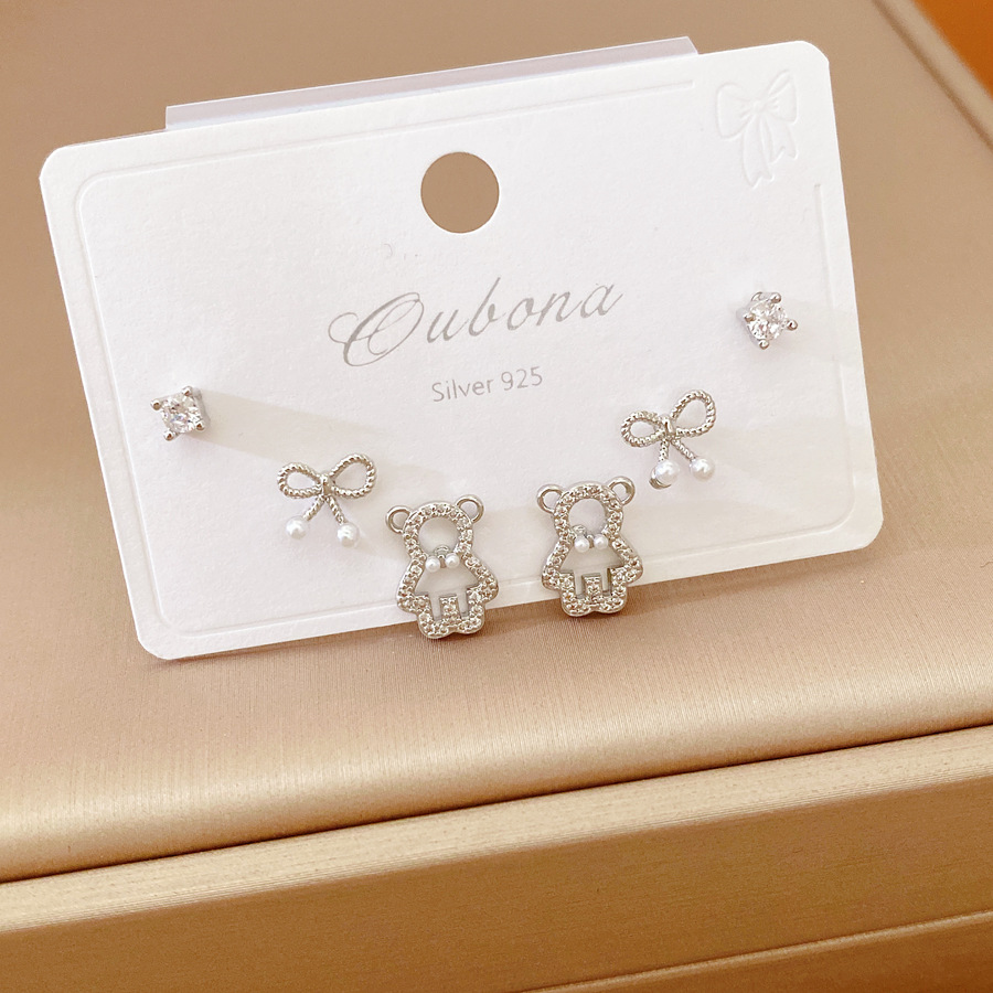 Agujas de plata zircon arco osos personalidad dulce cool versátil pendientes coreanos moda versátil exquisitos pendientes mujeres image 7