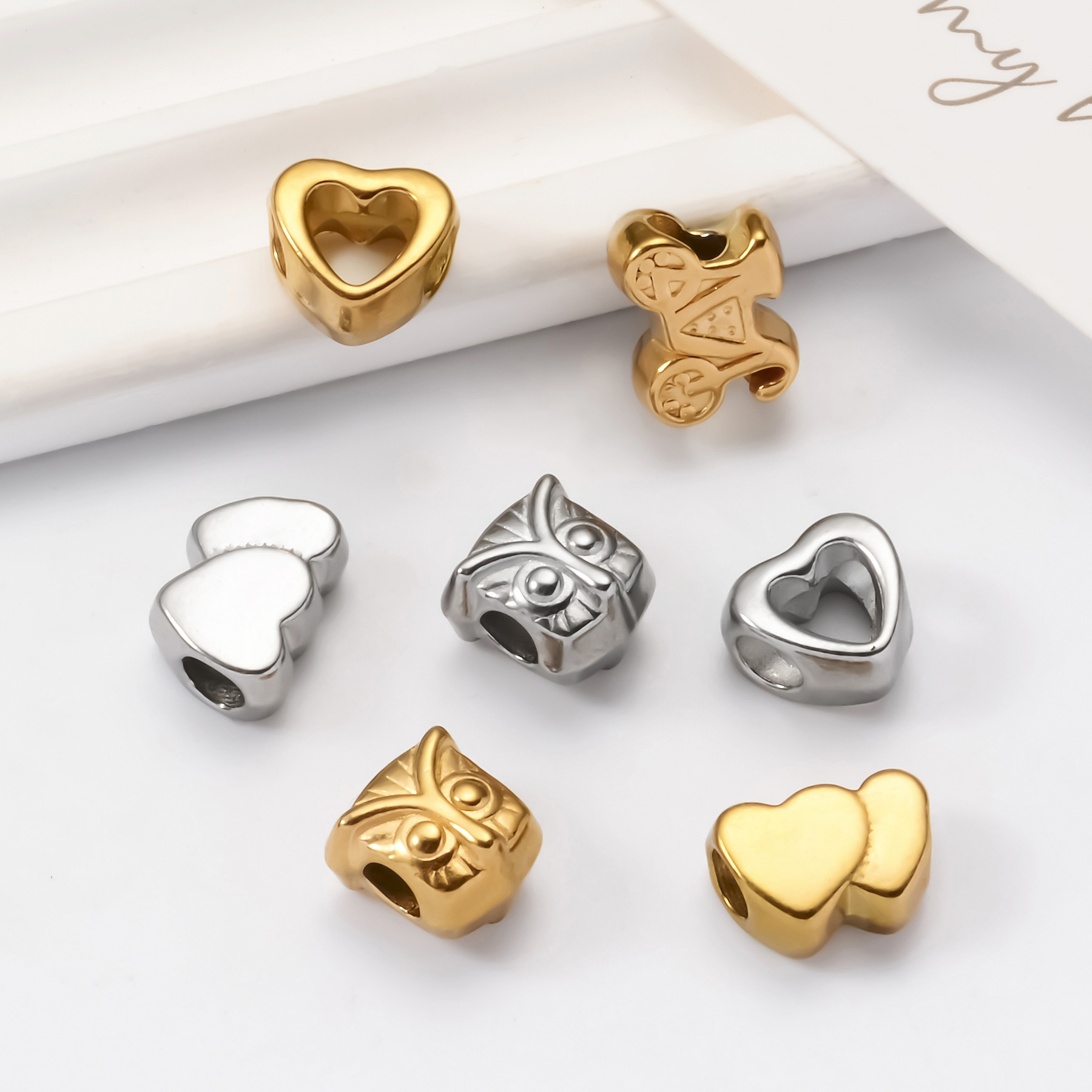 Heart Shape, Owl Pattern 5 PCS/Package 304 Stainless Steel Heart Shape Owl DIY Jewelry Accessories Beads