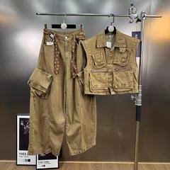 翻领马甲设计感多口袋工装风牛仔外套直筒裤套装