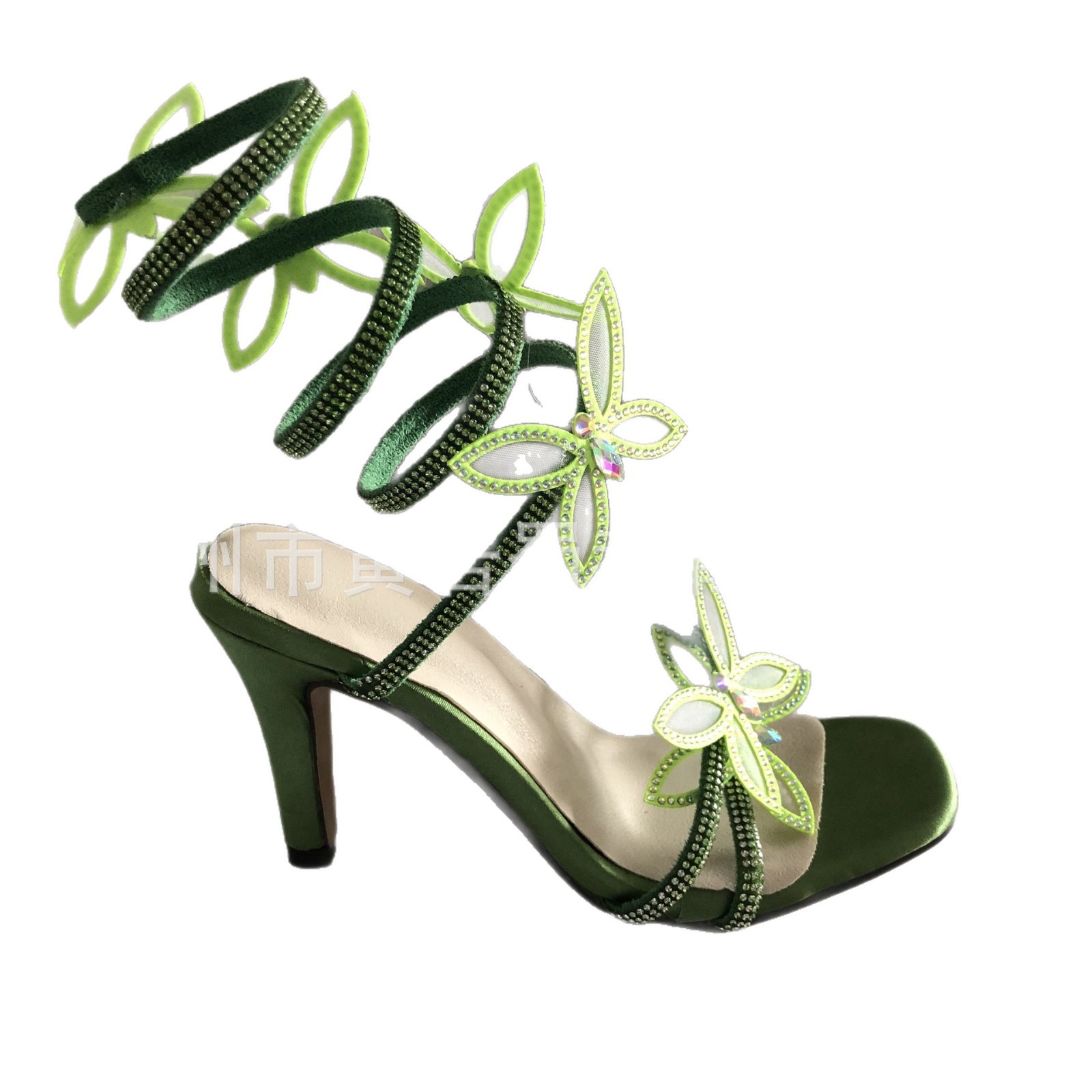 Spring and Summer One-Strap Snake-Shaped Winding Open-Toe Rhinestone Sparkling Bow Stiletto Ultra-High Heel Sexy Sandals for Women