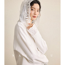 南瓜谷百搭蕾丝T系列~白色圆领蕾丝拼接长袖女/连帽磨毛T恤打底衫