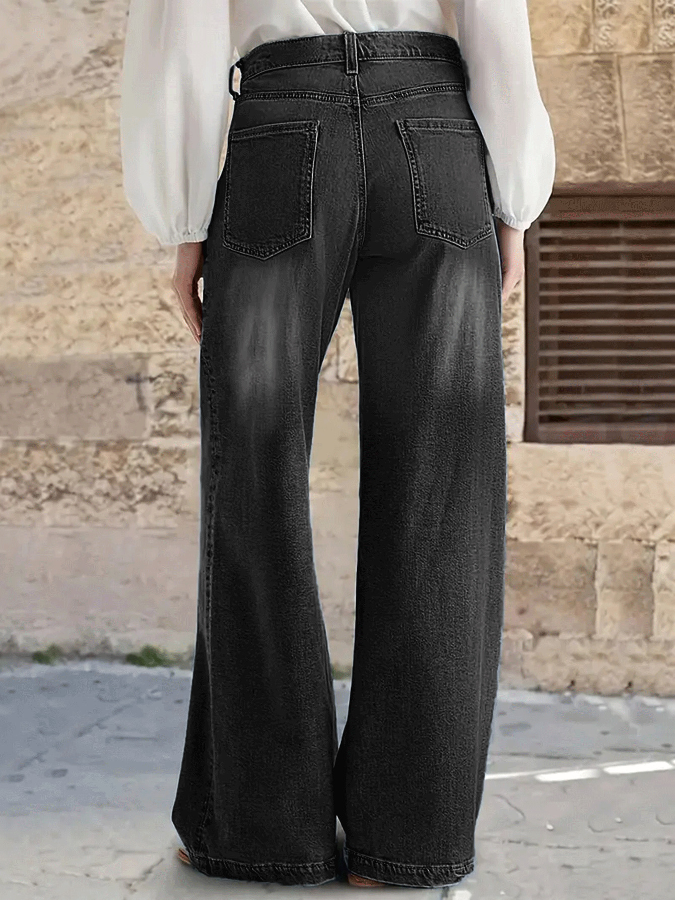 Dam wide leg jeans retro stil med hög midja och lös passform_voghion.com