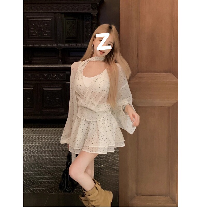 French Polka Dot V-Neck Long-Sleeved Chiffon Dress for Women Summer Plus Size Fat mm Design Chic Waist A-Line Skirt