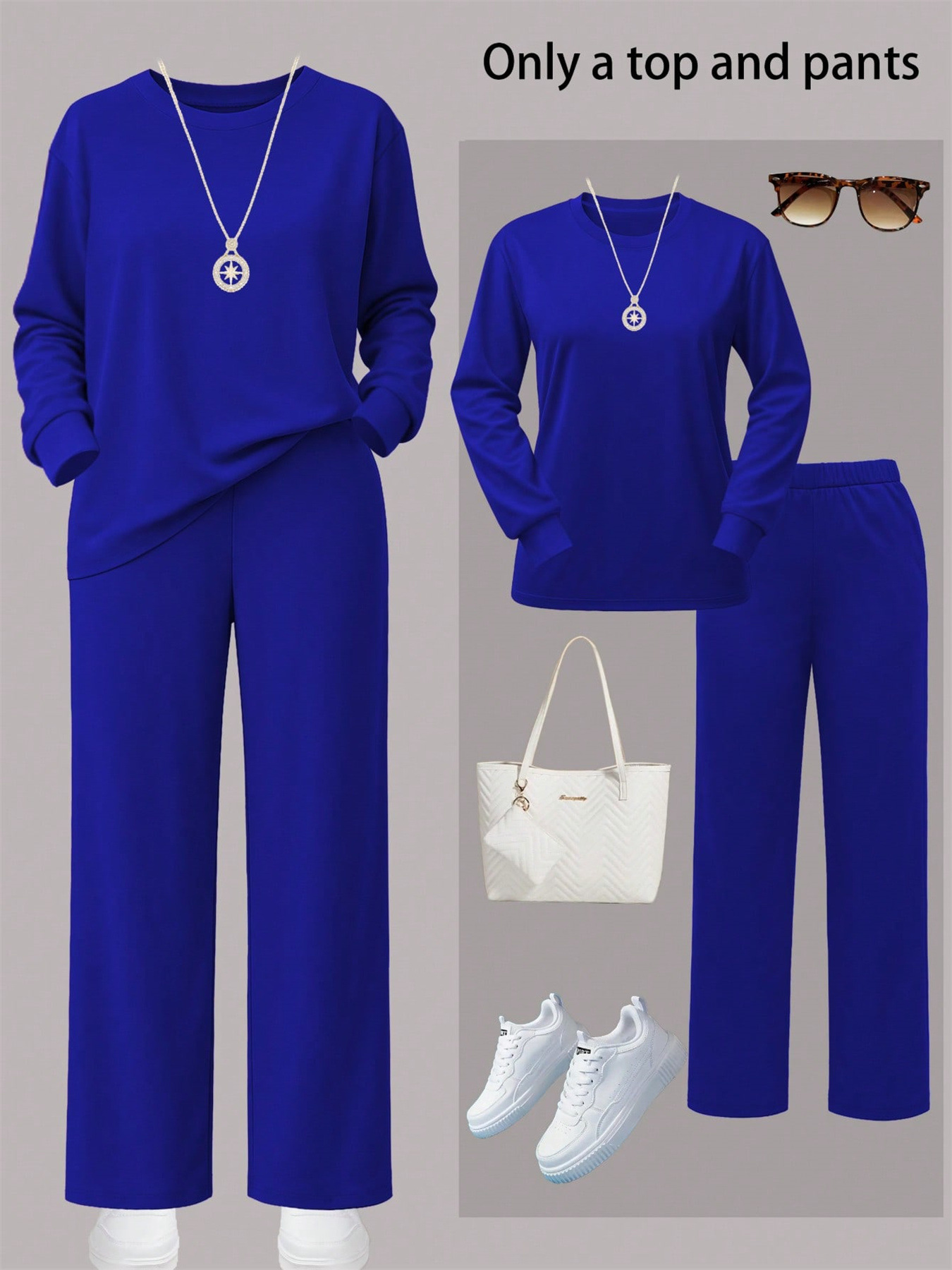Women's Autumn/Winter Two Piece Set Style Solid Color Round Neck Long Sleeve Top With Wide Leg Straight Leg Pants_ecoleips.com