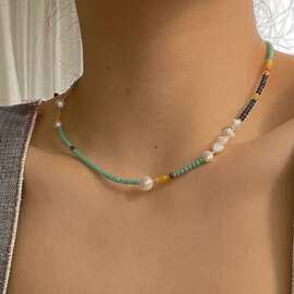 设计师款小众设计项链ins欧美博主夏彩绿色水晶天然珍珠锁骨颈链