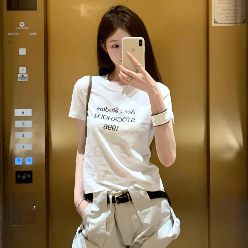 High-End Nanyou 26 Ss New Ac Women's 1996 Letter Print Short-Sleeve T-Shirt with Distressed and Worn-Out Design for Women