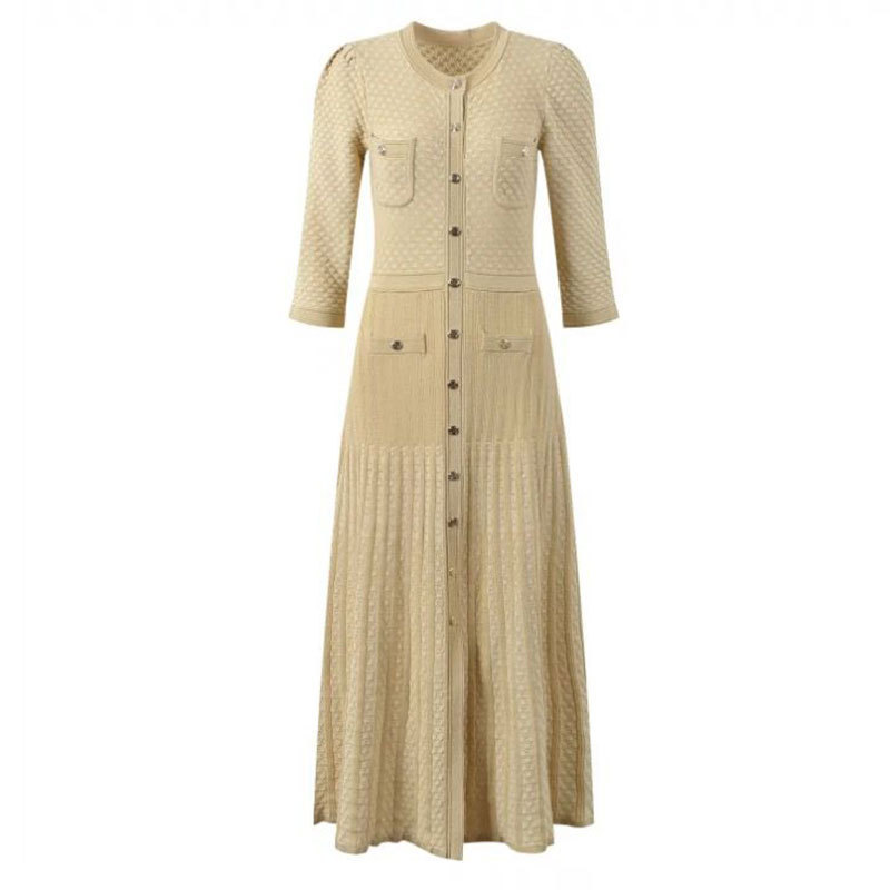 French-Style Sd Champagne-Colored Waist-Cinching Long Dress, Autumn 26, Gold Thread Round Neck, Crochet Single-Breasted Hollow-Out Slim-Fit Knit Dress