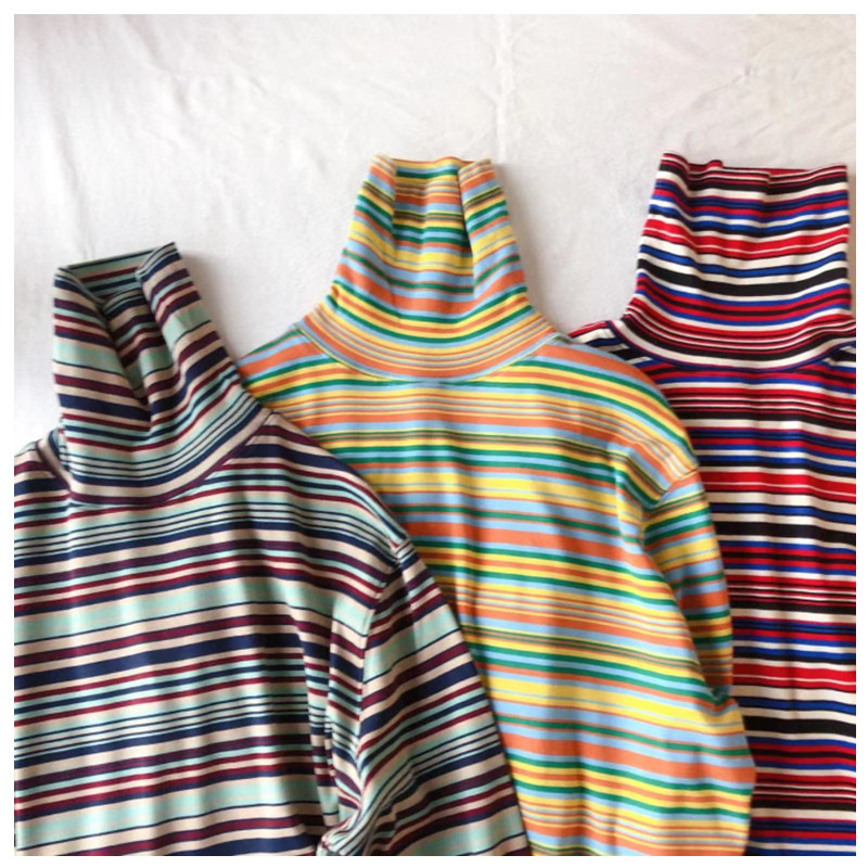 日系复古彩色条纹高领长袖T恤秋冬新款宽松百搭一体绒打底衫女装