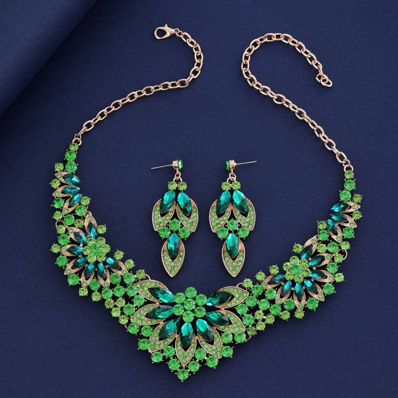 跨境欧美礼服饰品首饰套装 项链耳环两件套 彩色花朵新娘服装配饰