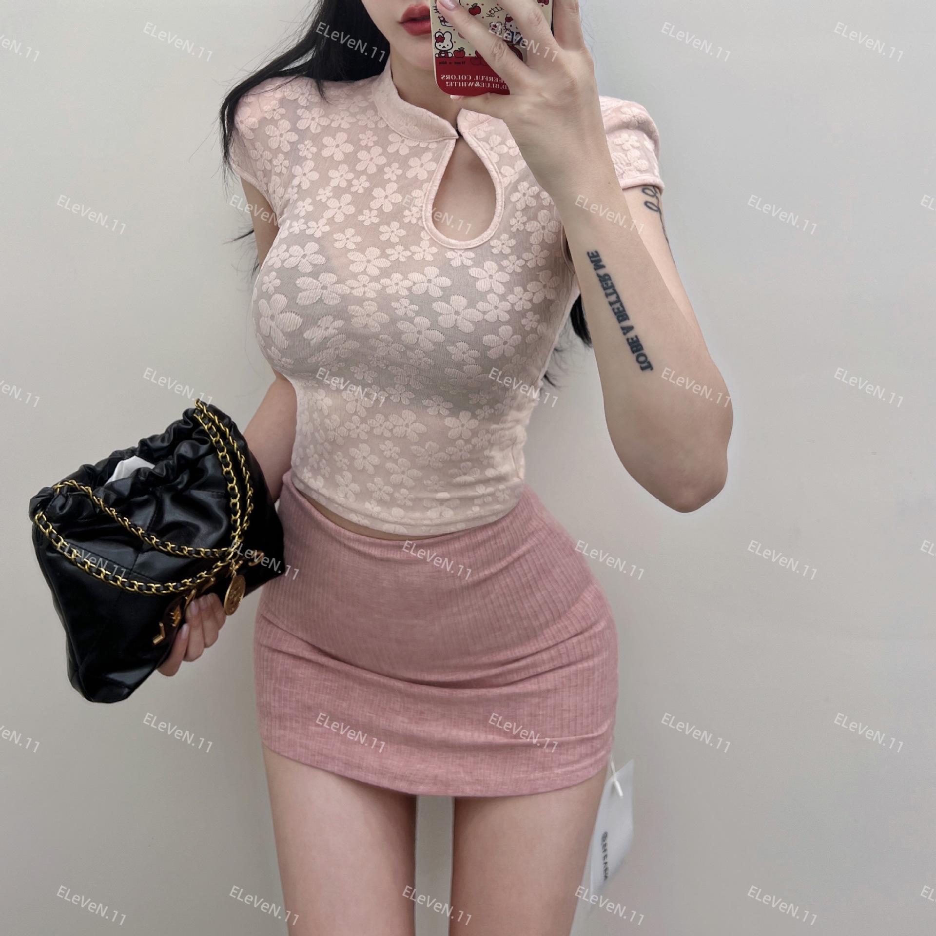 Fresh and Simple New Chinese Style/Retro Cheongsam Collar Hollow Short Sleeve Top with Shoulder Pads and Straight Shoulder Slimming T-Shirt for Women