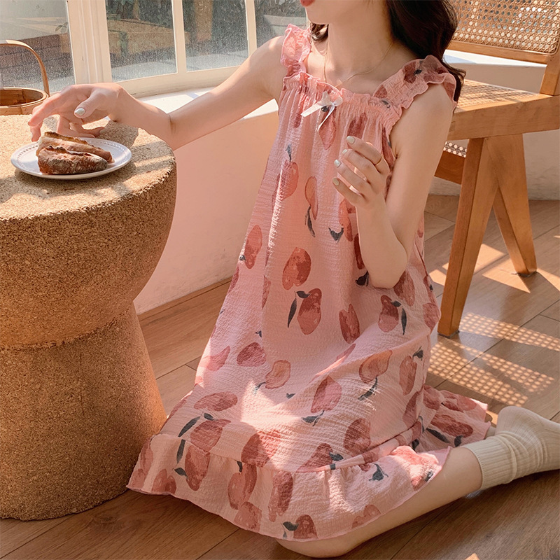 2024 verano pijama de manga corta de cabina de flores dulces espuma tejida tela arrugada pijama vestido de ropa de casa