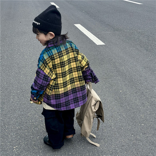 Children's Rainbow Grid Long-Sleeve Shirt 2024 New Autumn Outfit Boy's Grid Collar Shirt Trendy Middle and Small Children Baby Top